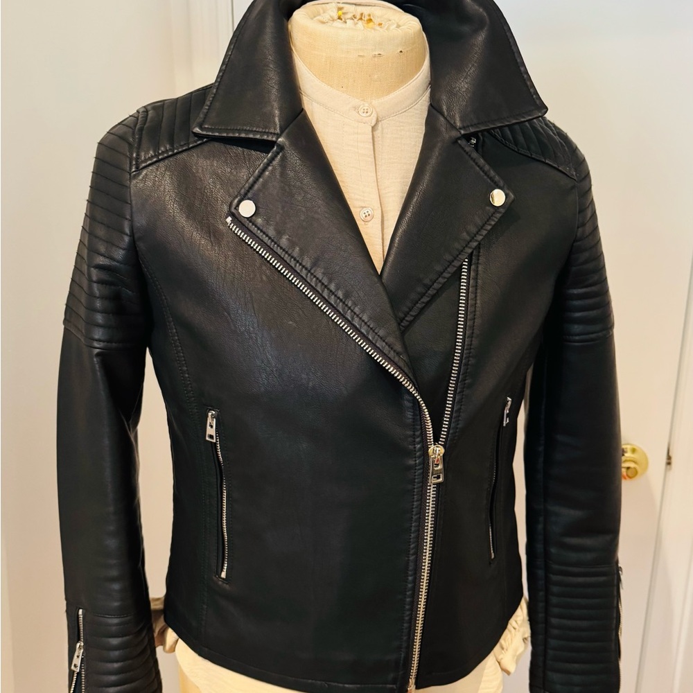 Topshop faux leather jacket, black with silver buttons and zippers